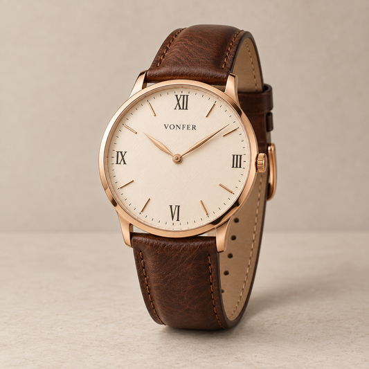 Vonfer Astor Classic watch with ivory dial and cognac leather strap