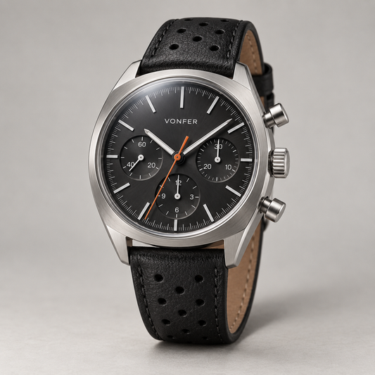 Vonfer Atlas Chronograph watch with charcoal dial and black leather strap