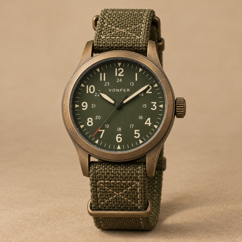 Vonfer Ember Field watch with olive dial and khaki woven strap