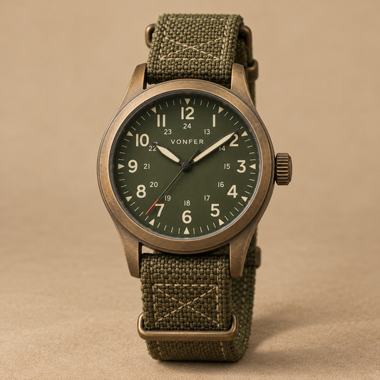 Vonfer Ember Field watch with olive dial and khaki woven strap