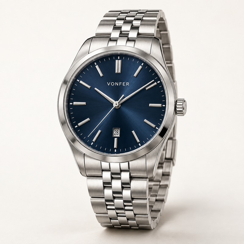 Vonfer Meridian Automatic watch with navy dial and steel bracelet