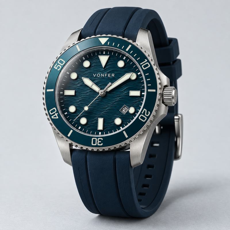 Vonfer Shoreline Diver watch with teal dial and navy rubber strap
