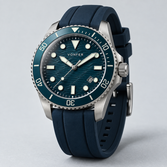 Vonfer Shoreline Diver watch with teal dial and navy rubber strap