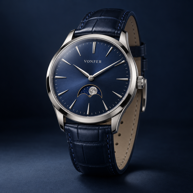 Vonfer Solstice Moonphase watch with midnight blue dial