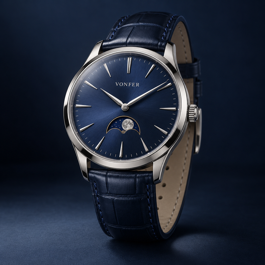 Vonfer Solstice Moonphase watch with midnight blue dial